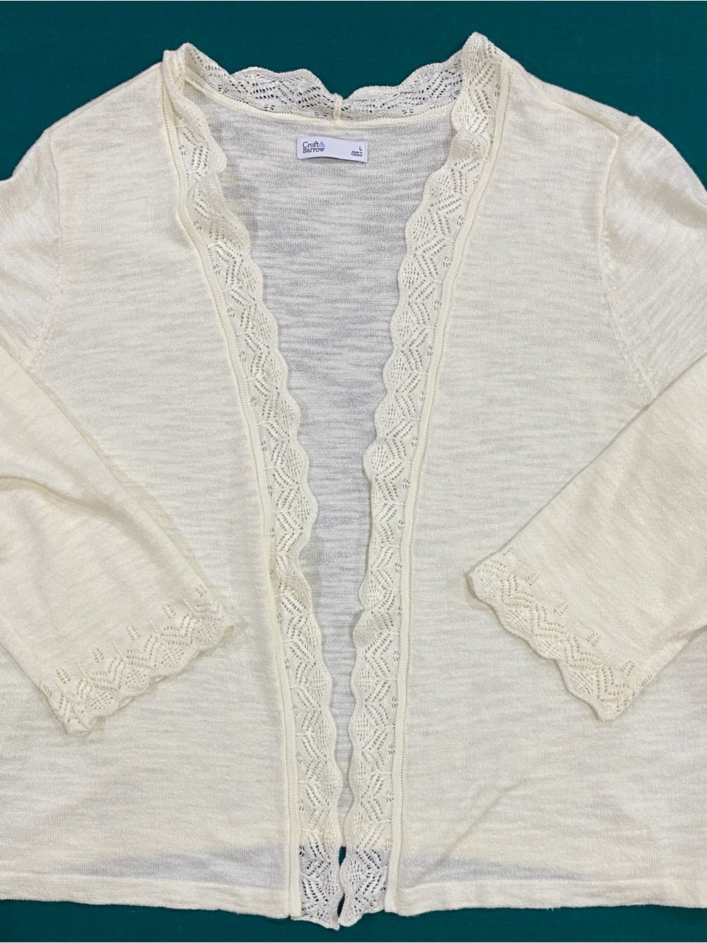 Croft & Barrow Cream Lace-Trim Open Cardigan Lightweight Sweater